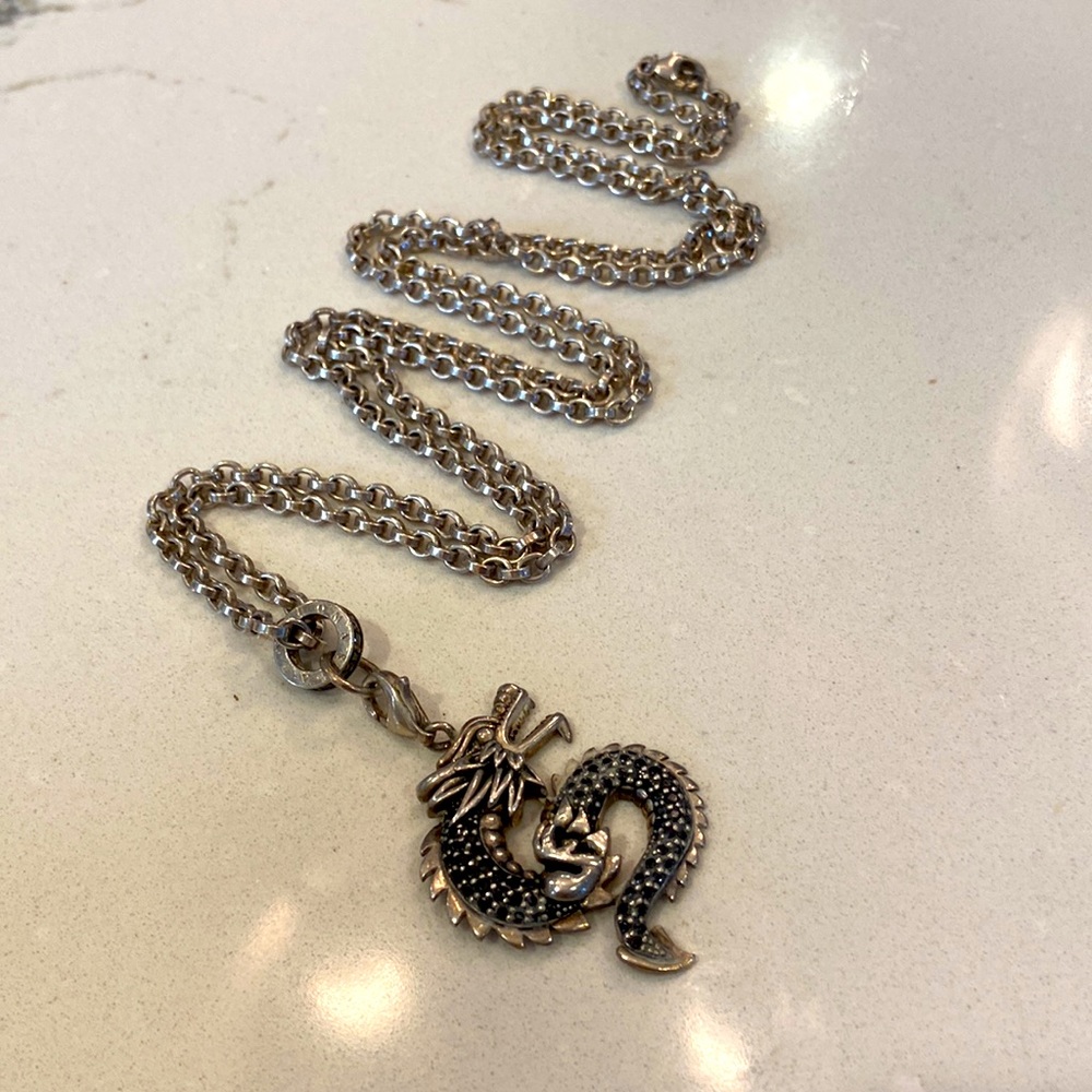 Thomas Sabo Silver Course Chain Necklace Dragon Charm Pendant Signed Marked 925